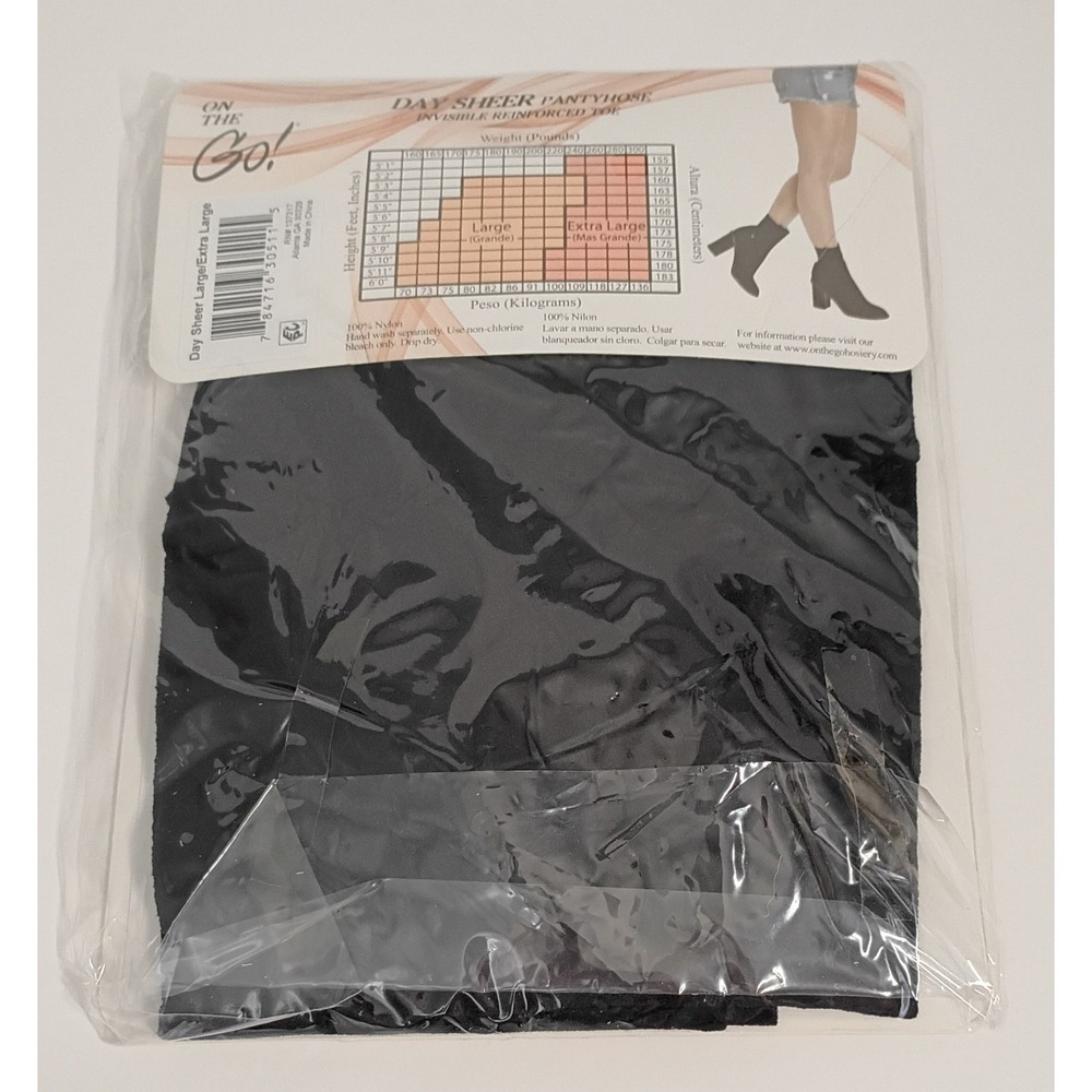 On The Go Day Sheer Pantyhose- Large Jet Black Invisible Reinforced Toe - New - Picture 2 of 3